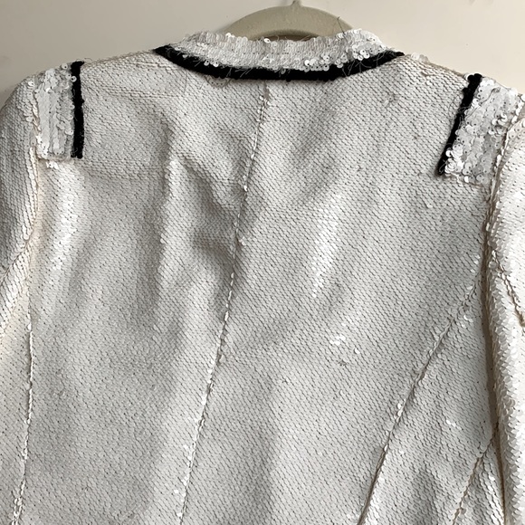 Stevie Mac 🖤🤍NYC Hand Made Couture Like White Sequin Blazer Black Fringe Trim - Picture 9 of 15